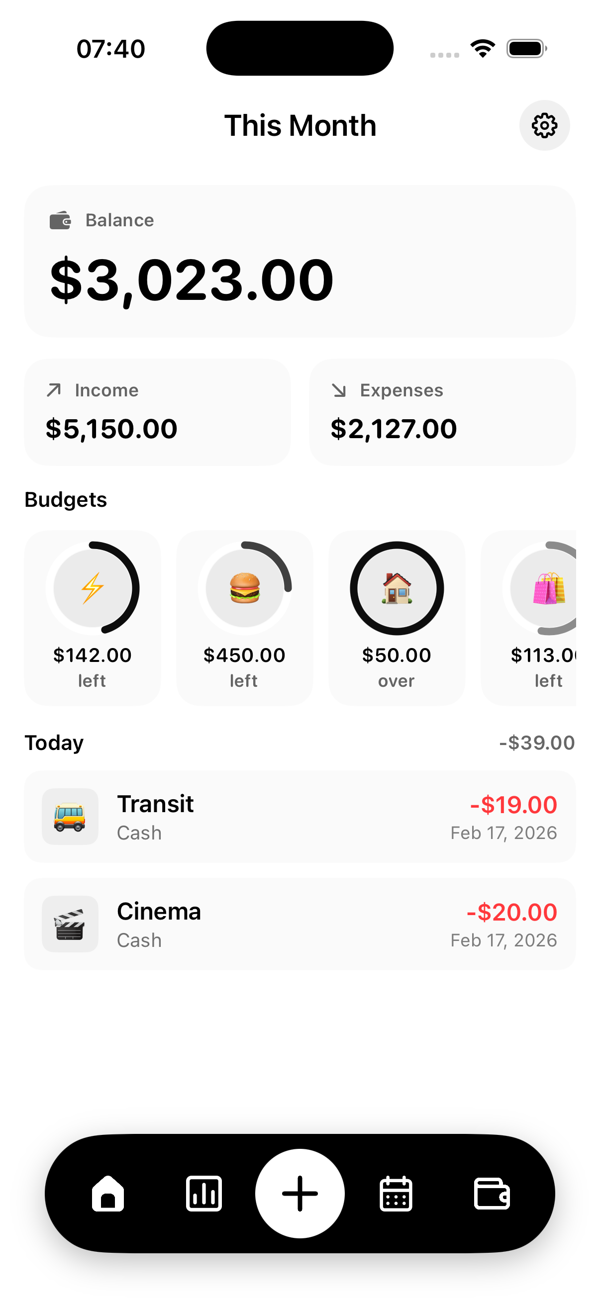 Palio home screen showing budgets and balances